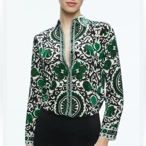 Alice+Olivia 100% Silk Willa Printed Blouse Size L Green  Black Long-Sleeve